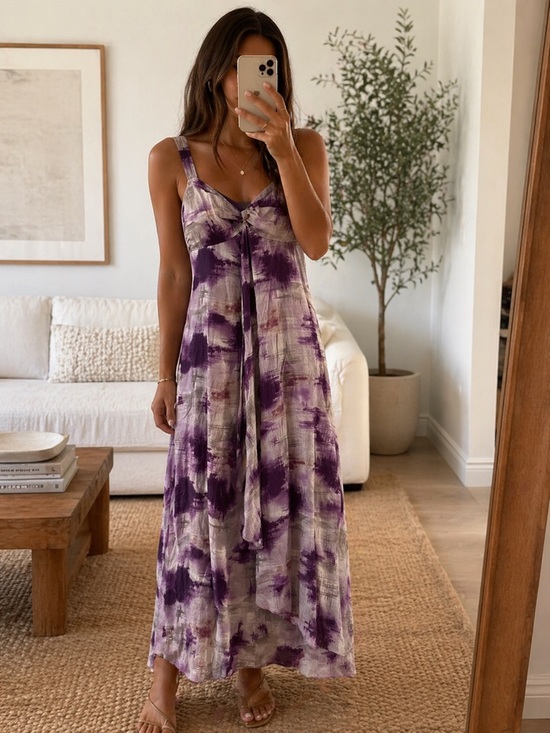 The Limited Dresses & Skirts - The Limited Purple Abstract Print Maxi Dress Size 10 Flowy Tie Front